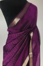 Magenta Mangalagiri Silk Saree with Silver Zari Checks - Image 3