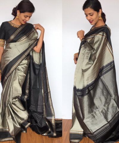 Grey Kanjivaram Silk Saree with Gold Zari Stripes