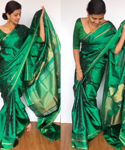Bottle Green Kanjivaram Silk Saree with Gold Zari Buttas