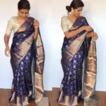 Navyblue Pure Silk Saree with Gold and Silver Zari Weaves - Image 5