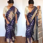 Navyblue Pure Silk Saree with Gold and Silver Zari Weaves - Image 6