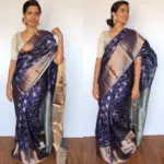 Navyblue Pure Silk Saree with Gold and Silver Zari Weaves - Image 2