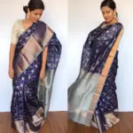 Navyblue Pure Silk Saree with Gold and Silver Zari Weaves - Image 3