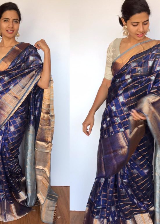 Navyblue Pure Silk Saree with Gold and Silver Zari Weaves