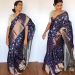 Navyblue Pure Silk Saree with Gold and Silver Zari Weaves - Image 4