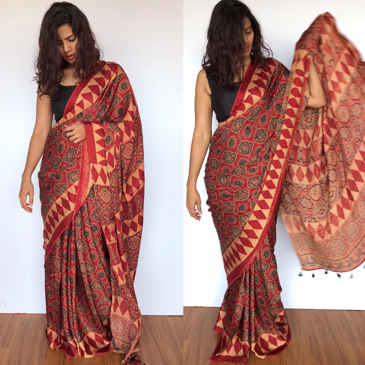 Dark Red Ajrakh Printed Modal silk saree