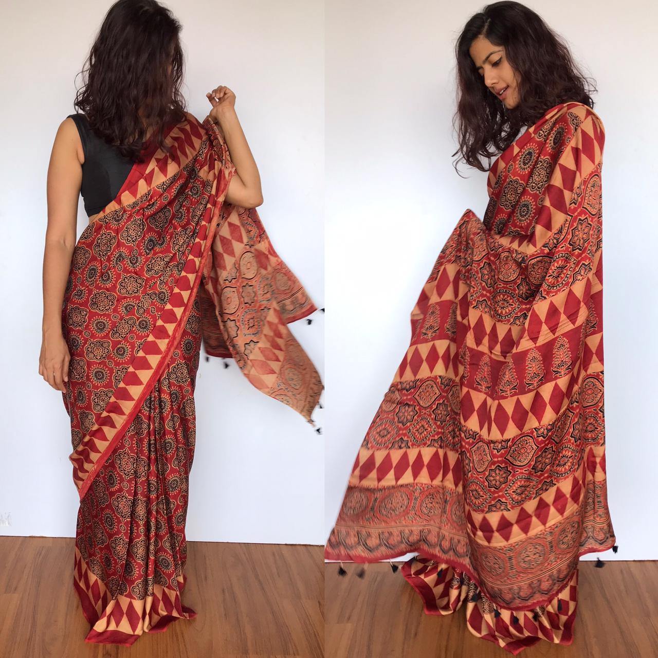 Dark Red Ajrakh Printed Modal silk saree