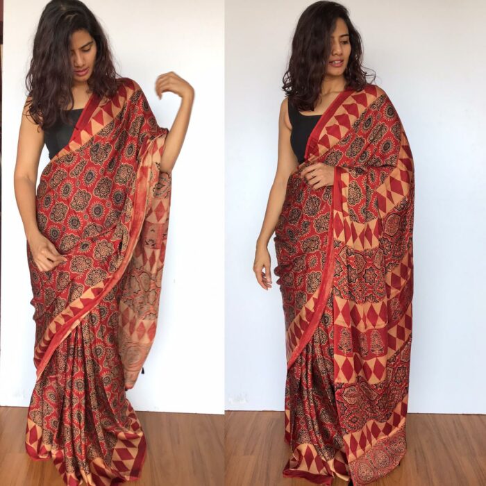 Dark Red Ajrakh Printed Modal silk saree