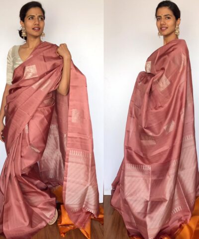 Pastel Peach Kanjivaram Silk Saree with Silver Zari Buttas