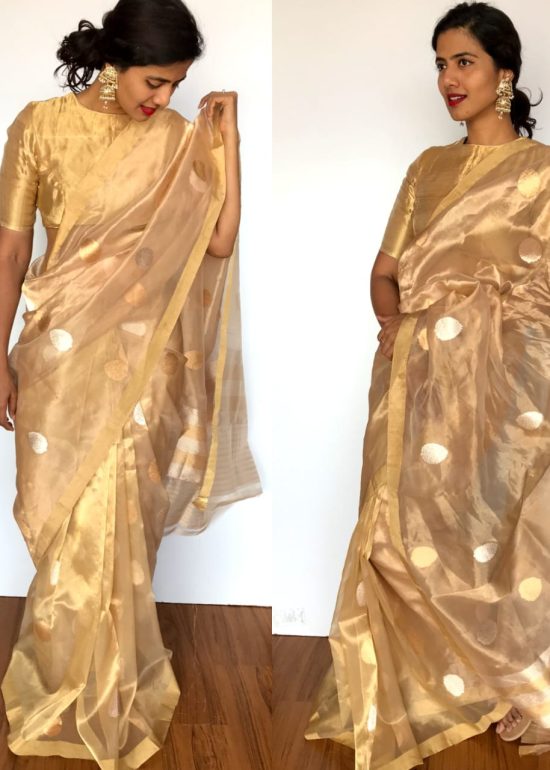 Gold Organza Pure Tissue Silk Saree with Kadwa Zari Motifs