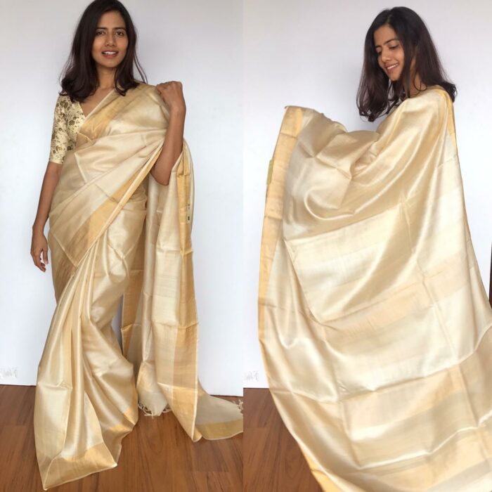 Ivory Pure Tussar Silk Saree