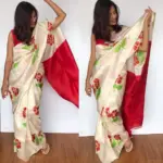 Offwhite Pure Silk Saree with Hand Painted Florals - Image 6