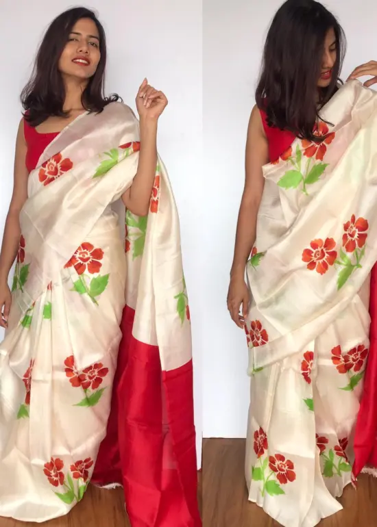 Offwhite Pure Silk Saree with Printed Florals