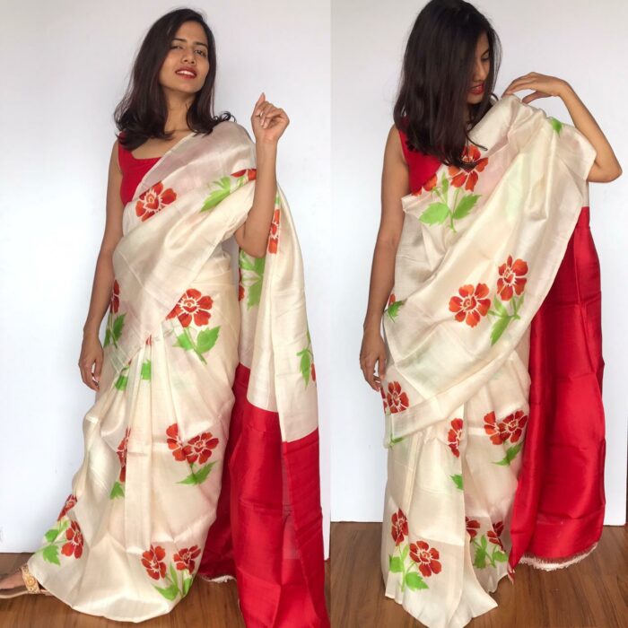 Offwhite Pure Silk Saree with Printed Florals