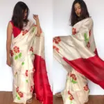Offwhite Pure Silk Saree with Hand Painted Florals - Image 4