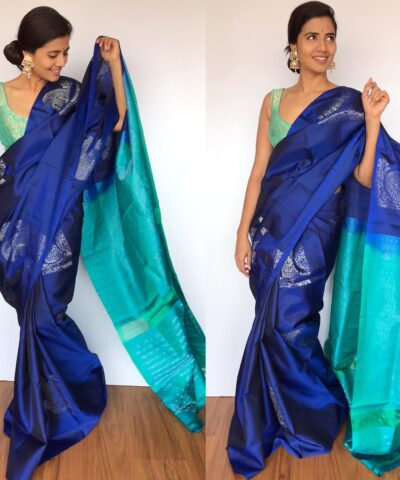 Royal Blue Kanjivaram Silk Saree with Silver Zari Motifs