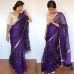 Dark Purple Mangalagiri Silk Saree with Silver Zari Checks - Image 2