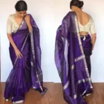 Dark Purple Mangalagiri Silk Saree with Silver Zari Checks - Image 4
