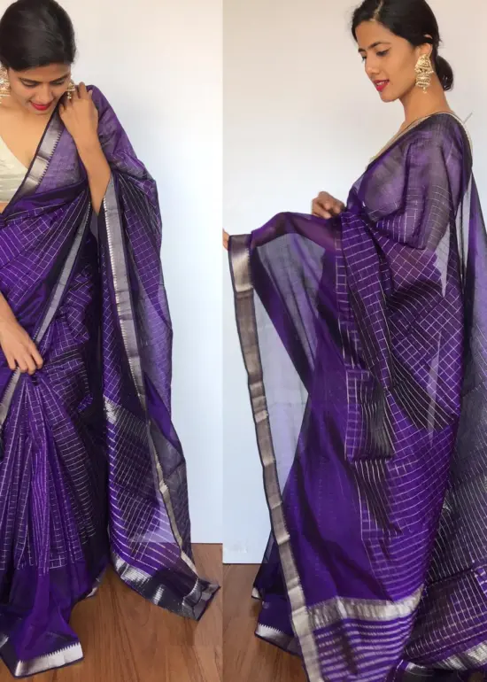 Purple Mangalagiri Silk Saree with Silver Zari Checks