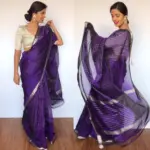Dark Purple Mangalagiri Silk Saree with Silver Zari Checks - Image 3
