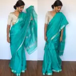 Turquoise Mangalagiri Silk Saree with Silver Zari Checks - Image 3