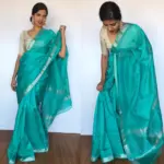 Turquoise Mangalagiri Silk Saree with Silver Zari Checks - Image 4