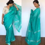 Turquoise Mangalagiri Silk Saree with Silver Zari Checks - Image 5