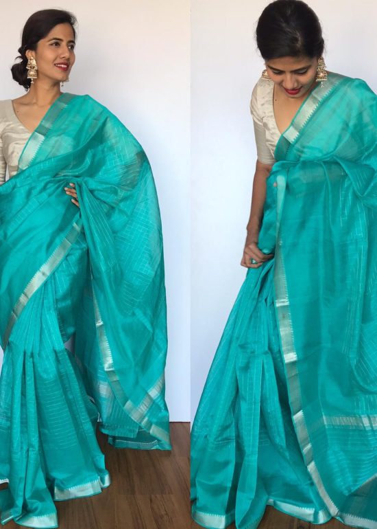 Turquoise Mangalagiri Silk Saree with Silver Zari Checks
