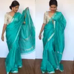 Turquoise Mangalagiri Silk Saree with Silver Zari Checks - Image 2