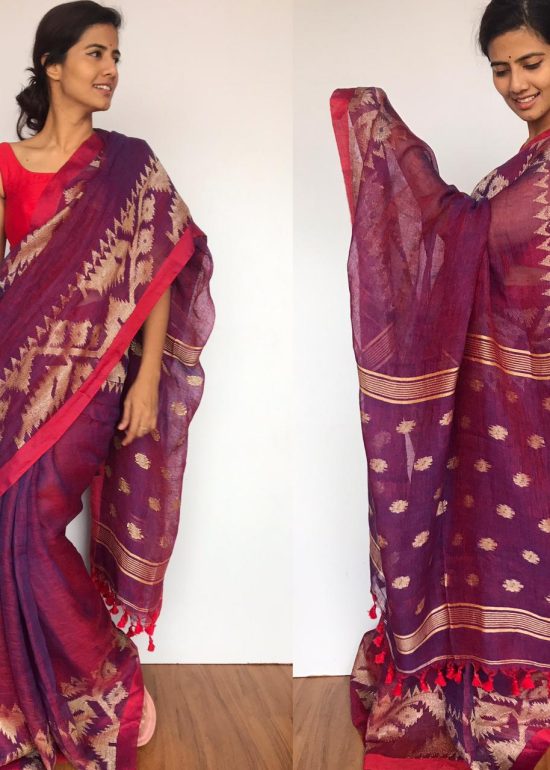 Purple Linen Jamdani Saree