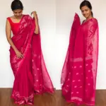 Hot Pink Linen Jamdani Saree - Image 5