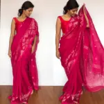 Hot Pink Linen Jamdani Saree - Image 2