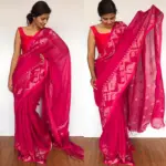 Hot Pink Linen Jamdani Saree - Image 3