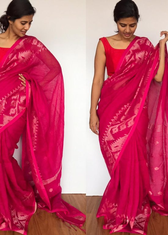 Hot Pink Linen Jamdani Saree
