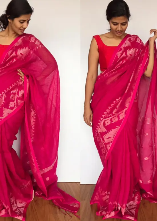 Hot Pink Linen Jamdani Saree