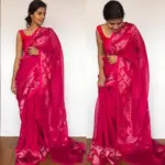 Hot Pink Linen Jamdani Saree - Image 4