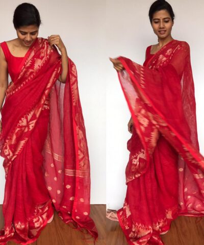 Red Linen Jamdani Saree
