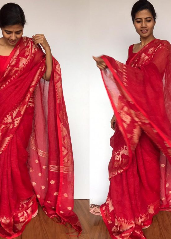 Red Linen Jamdani Saree