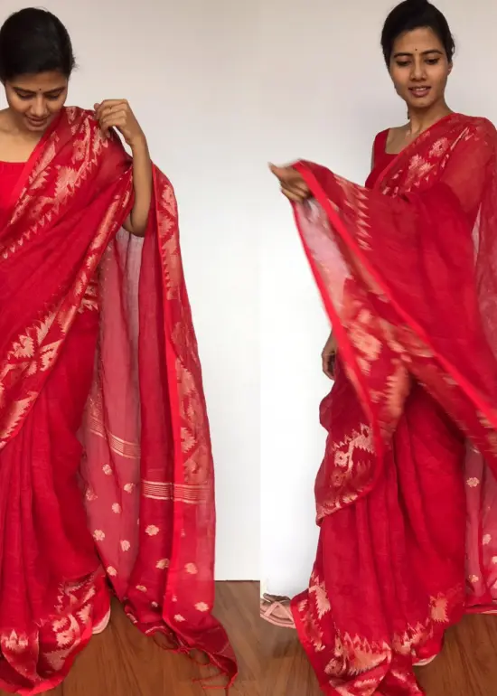 Red Linen Jamdani Saree