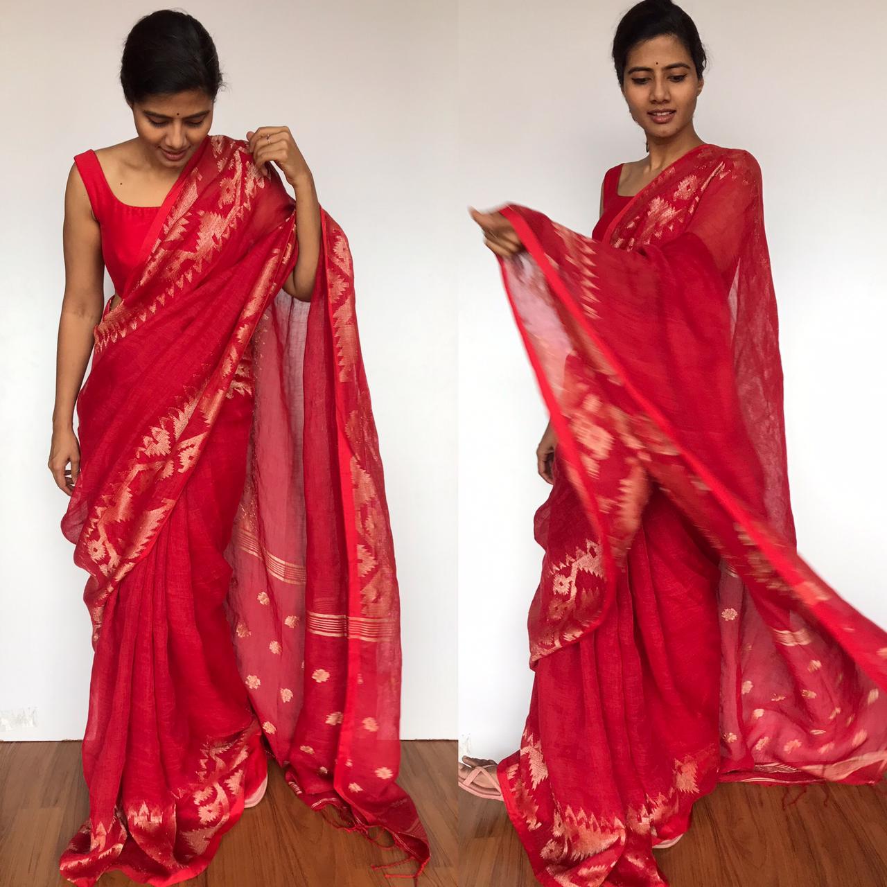 Handwoven Linen Jamdani Saree with Running Blouse (Red) – Ramanika
