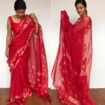 Red Linen Jamdani Saree - Image 3