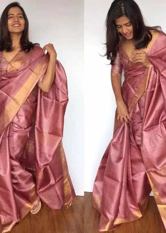 Onion Pink Pure Tussar Silk Saree