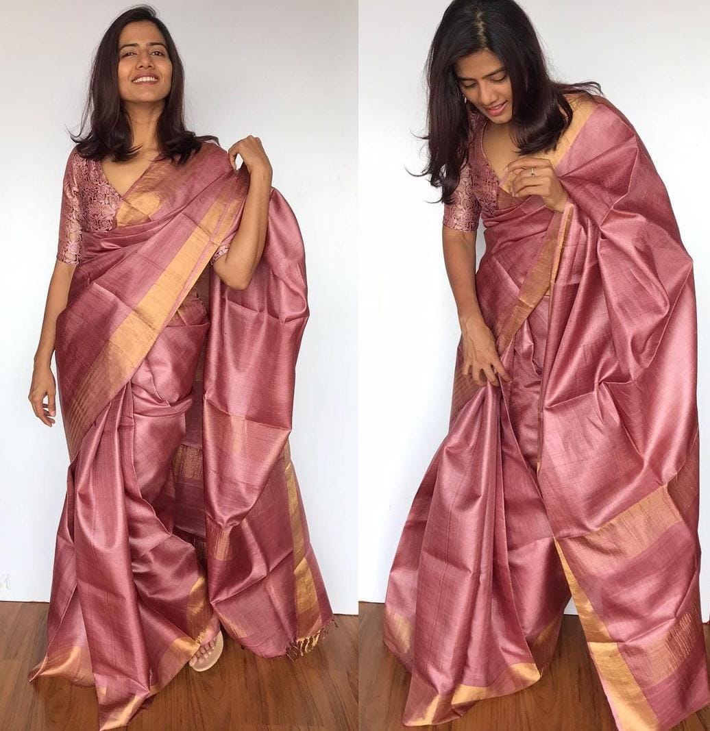 Buy Onion Pink Pure Tussar Silk Saree Online