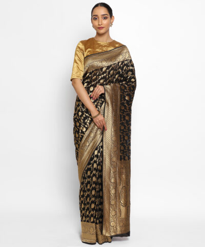 Black Banarasi Silk Saree in Georgette adorned with Gold Zari Weaves