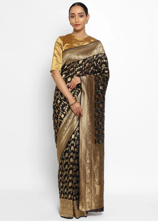 Black Banarasi Silk Saree in Georgette adorned with Gold Zari Weaves