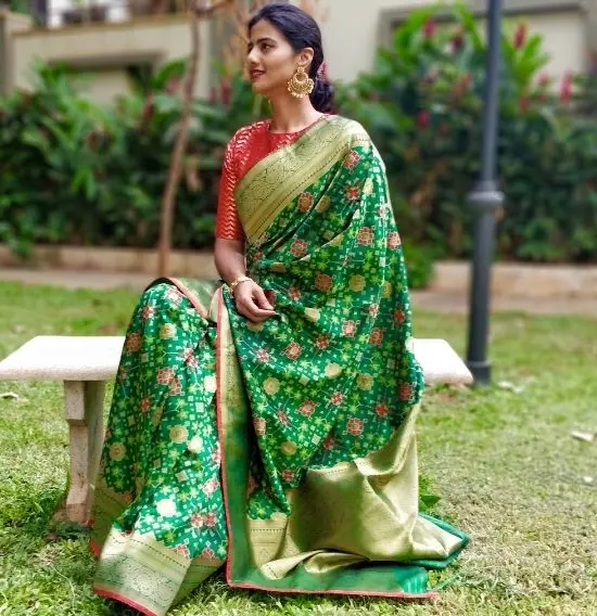 Green Banarasi Silk Saree with Pan Patola Weaves