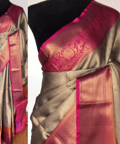 Grey Kora Silk Saree with Gold Zari Weaves