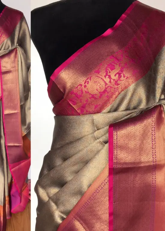 Grey Kora Silk Saree with Gold Zari Weaves