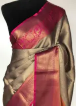 Grey Kora Silk Saree with Gold Zari Weaves - Image 3
