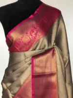 Grey Kora Silk Saree with Gold Zari Weaves - Image 5